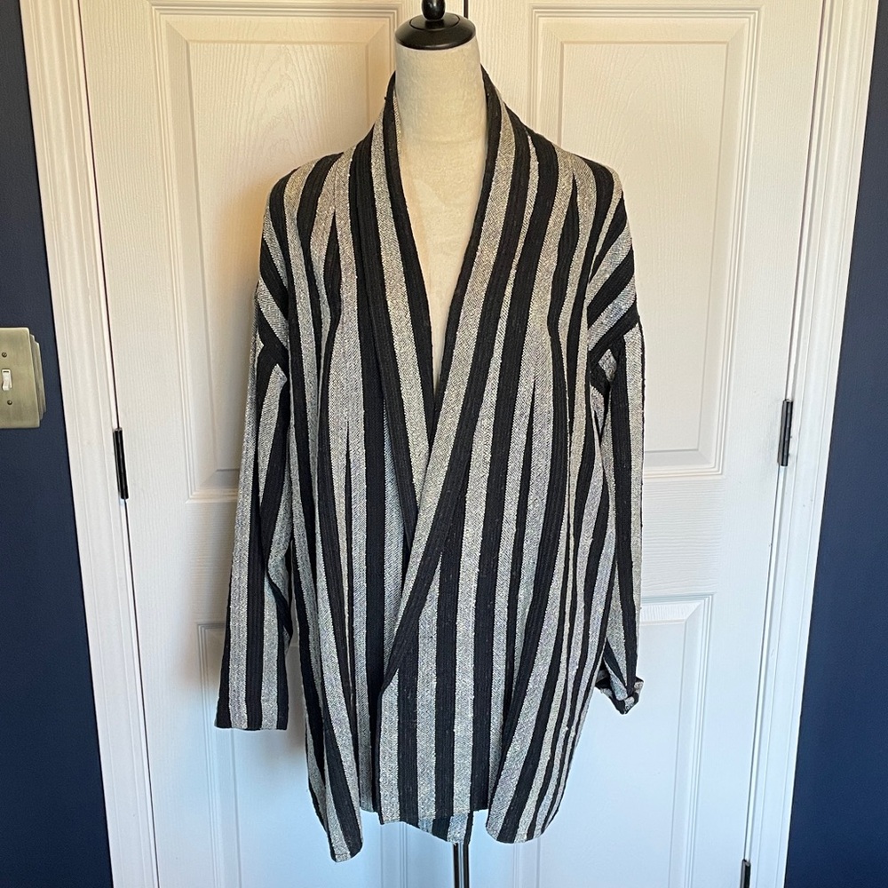 Vintage Bonnie Bartman Striped Black & Gray Woven Boho Open Cardigan One Size
